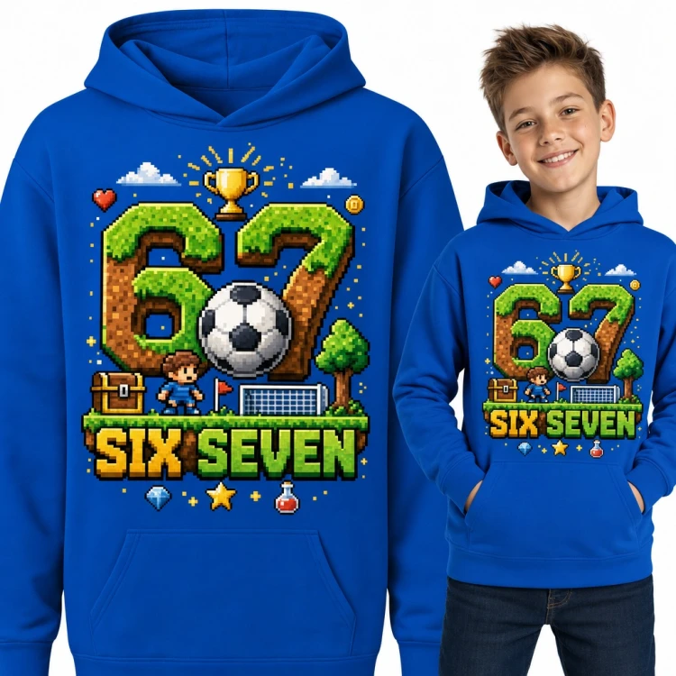 Bluza chłopięca z kapturem „Six Seven” - pikselowe 67 z piłką i bramką