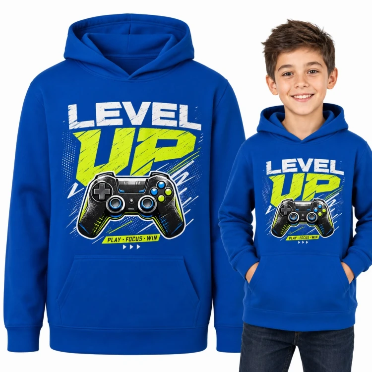Bluza chłopięca z kapturem - gamingowy pad i napis „Level up”