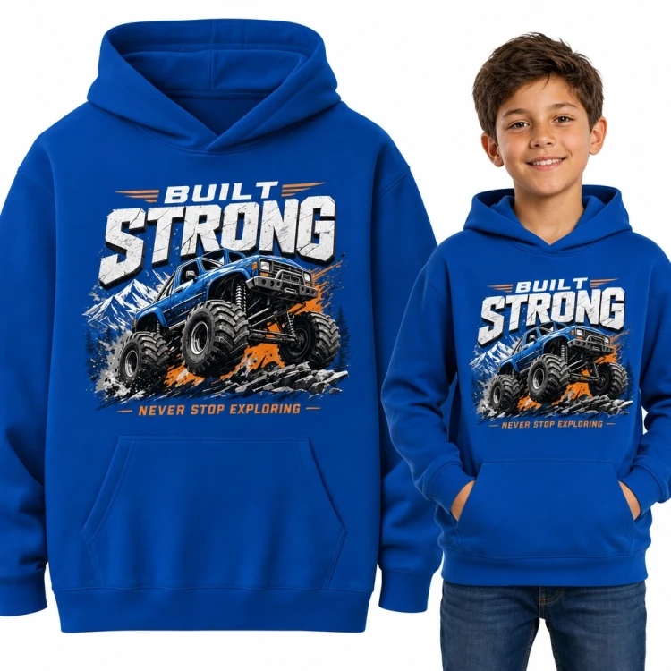 Bluza chłopięca z kapturem - monster truck off-road na skałach „Built strong”