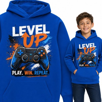 Bluza chłopięca z kapturem - pad do gier i napis „Level up. Play. Win. Repeat.” dla gracza