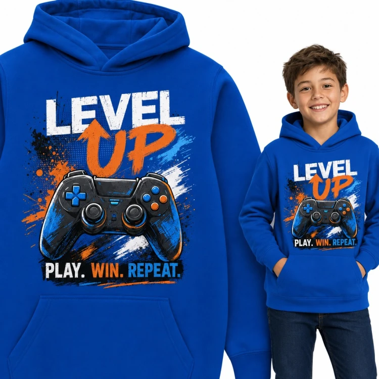 Bluza chłopięca z kapturem - pad do gier i napis „Level up. Play. Win. Repeat.” dla gracza