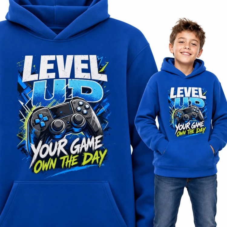 Bluza chłopięca z kapturem - pad do gry i napis „Level up your game own the day”