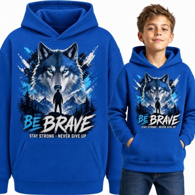 Bluza chłopięca z kapturem „Be Brave” - wilk nad górami i motywacyjne hasło