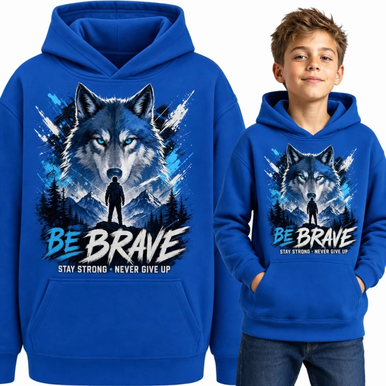 Bluza chłopięca z kapturem „Be Brave” - wilk nad górami i motywacyjne hasło