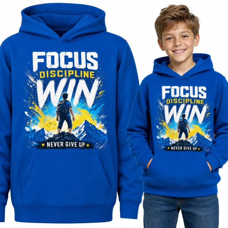 Bluza chłopięca z kapturem - motywacyjny napis „Focus Discipline Win” i chłopiec na szczycie góry