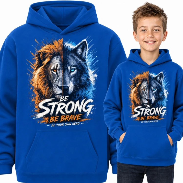 Bluza chłopięca z kapturem „Be strong be brave” - lew i wilk motywacyjny nadruk