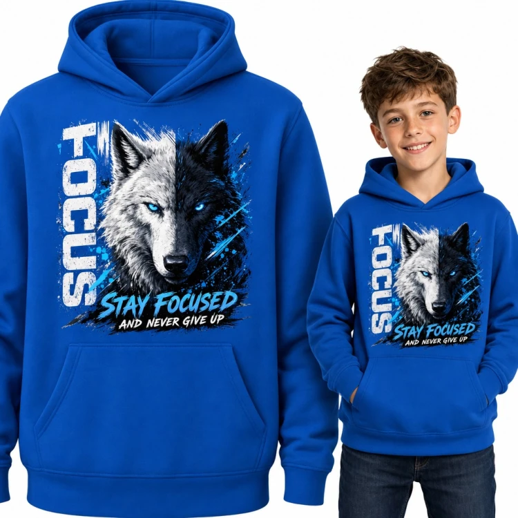 Bluza chłopięca z kapturem - wilk biało-czarny i napis „Stay focused and never give up”