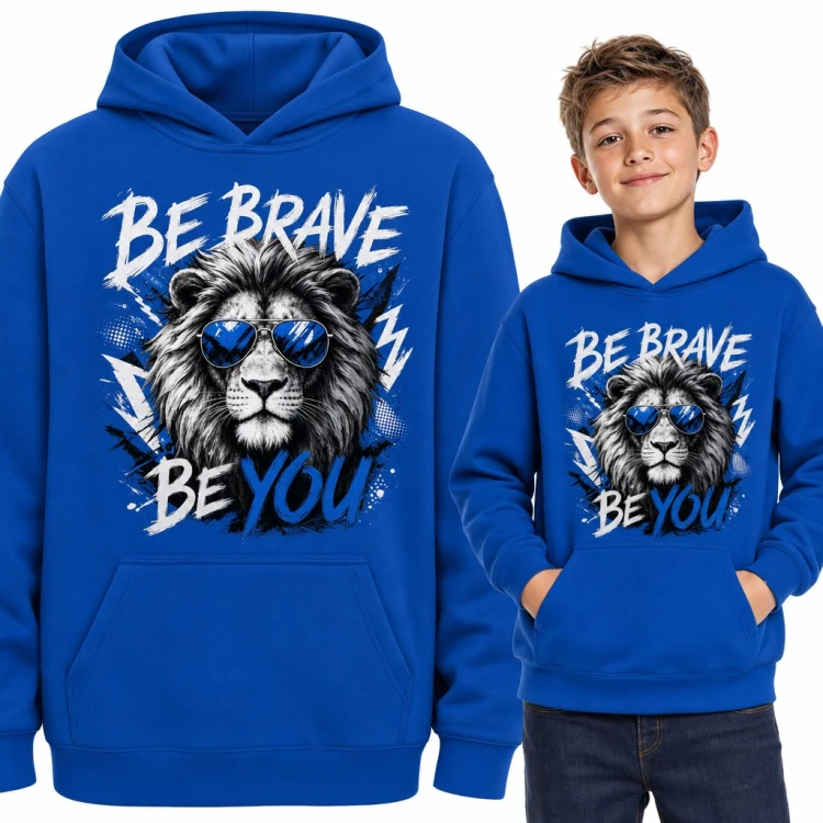 Bluza chłopięca z kapturem - lew w okularach przeciwsłonecznych „Be brave be you”