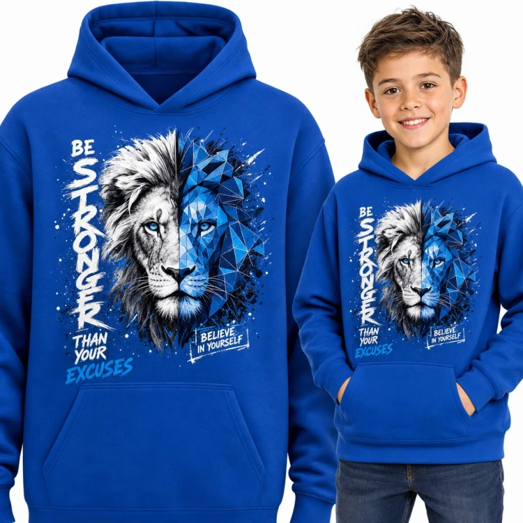 Bluza chłopięca z kapturem - lew geometryczny i napis „Be stronger than your excuses”