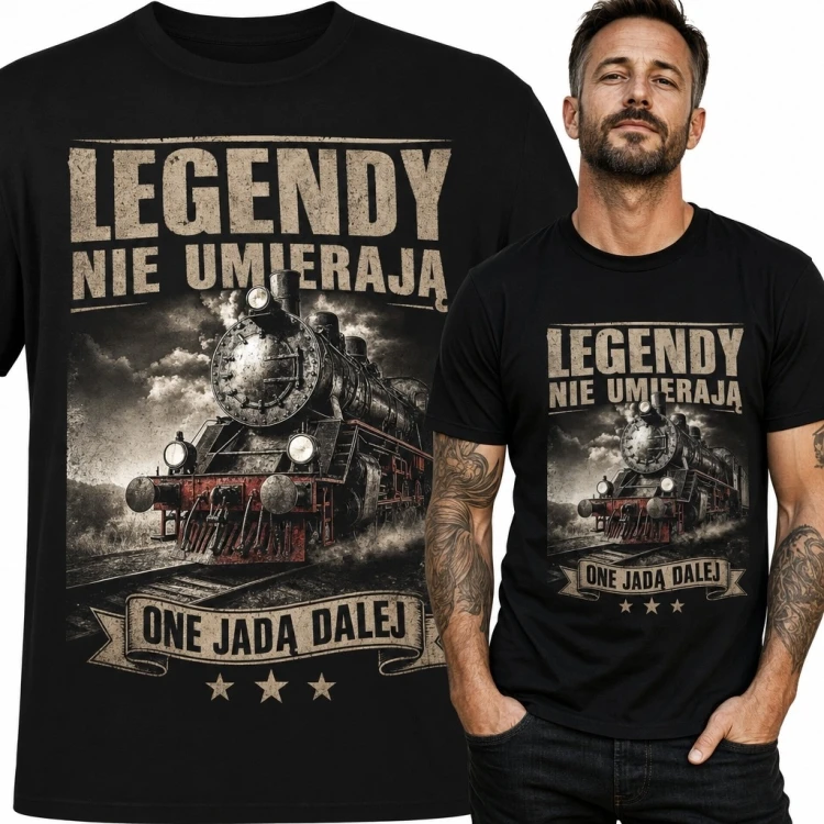 Koszulka męska z lokomotywą parową „Legendy nie umierają - one jadą dalej”
