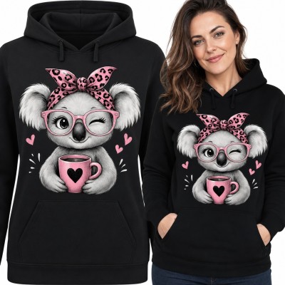 Bluza damska z kapturem - koala w okularach z kubkiem kawy i panterkową opaską