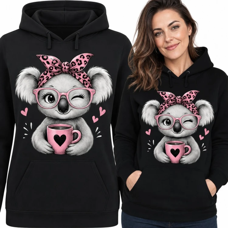 Bluza damska z kapturem - koala w okularach z kubkiem kawy i panterkową opaską