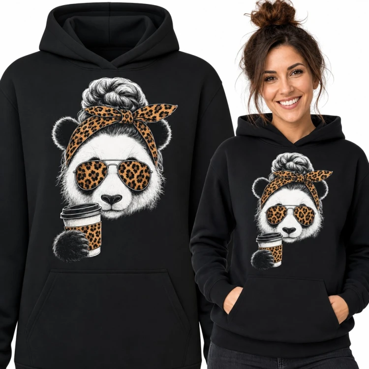 Bluza damska z kapturem - panda w panterkowych okularach z kawą na wynos