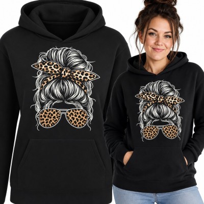 Bluza damska z kapturem - messy bun z opaską i okularami w panterkę