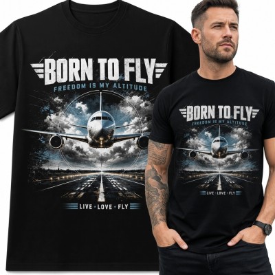Koszulka męska „Born to Fly” z odrzutowcem nad pasem i dramatycznymi chmurami