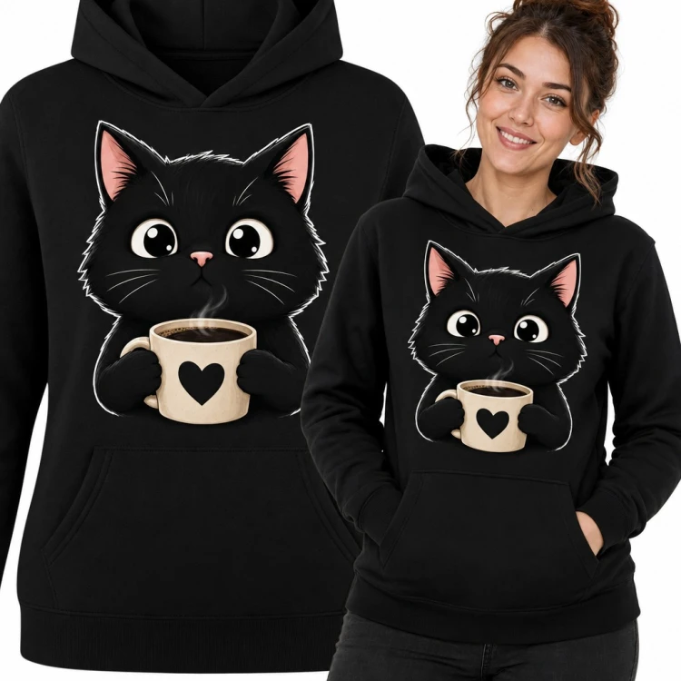 Bluza damska z kapturem - czarny kotek z kubkiem kawy z sercem