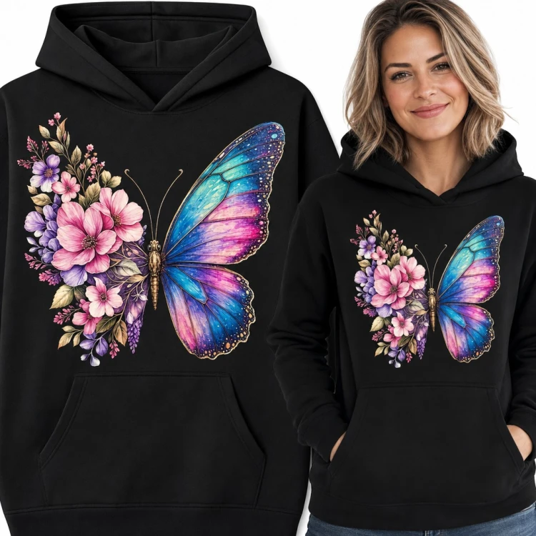 Bluza damska z kapturem - motyl w akwareli z bukietem kwiatów zamiast skrzydła
