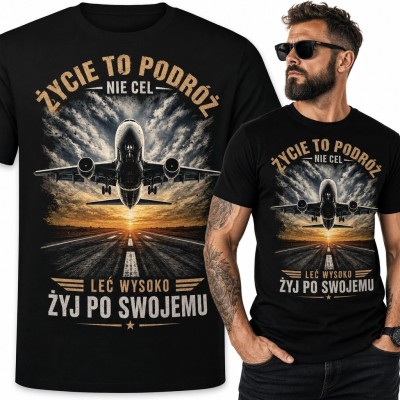 Koszulka męska z samolotem „Życie to podróż - żyj po swojemu”