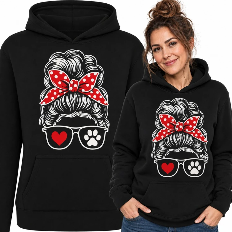 Bluza damska z kapturem - messy bun z chustą w kropki i łapką psa na okularach