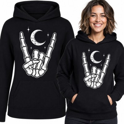 Bluza damska z kapturem - dłoń szkieletu w geście rocka z półksiężycem