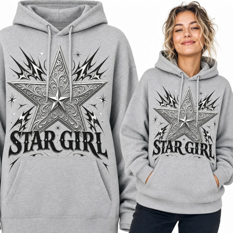 Bluza damska z kapturem - „Star Girl” ze srebrną ornamentową gwiazdą w stylu Y2K