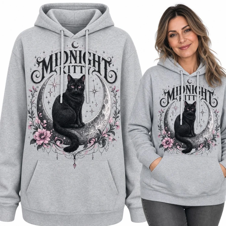 Bluza damska z kapturem - czarny kot na półksiężycu „Midnight Kitty” dla kociary