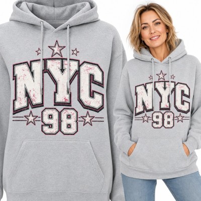 Bluza damska z kapturem „NYC 98” - varsity napis z gwiazdkami w stylu college
