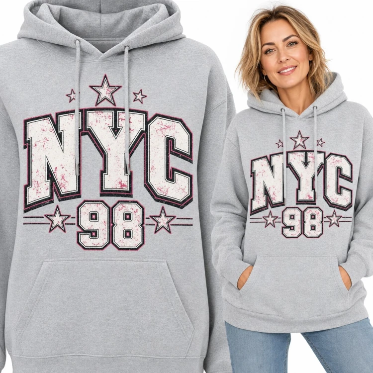Bluza damska z kapturem „NYC 98” - varsity napis z gwiazdkami w stylu college