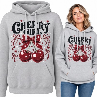 Bluza damska z kapturem - „Cherry girl” z wiśniami i czerwoną kokardą