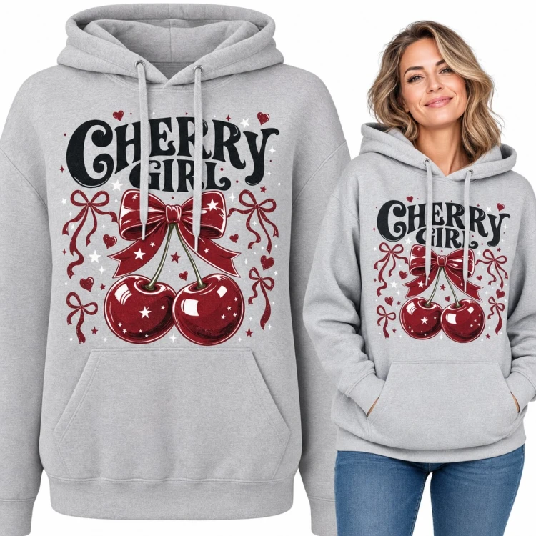 Bluza damska z kapturem - „Cherry girl” z wiśniami i czerwoną kokardą