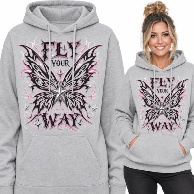 Bluza damska z kapturem - gotycki motyl z gwiazdą „Fly your way”