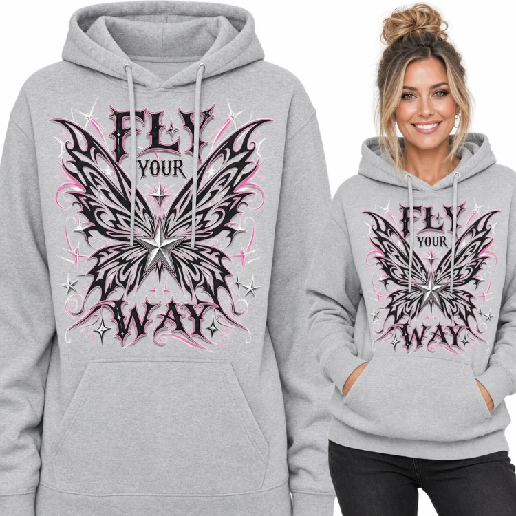 Bluza damska z kapturem - gotycki motyl z gwiazdą „Fly your way”
