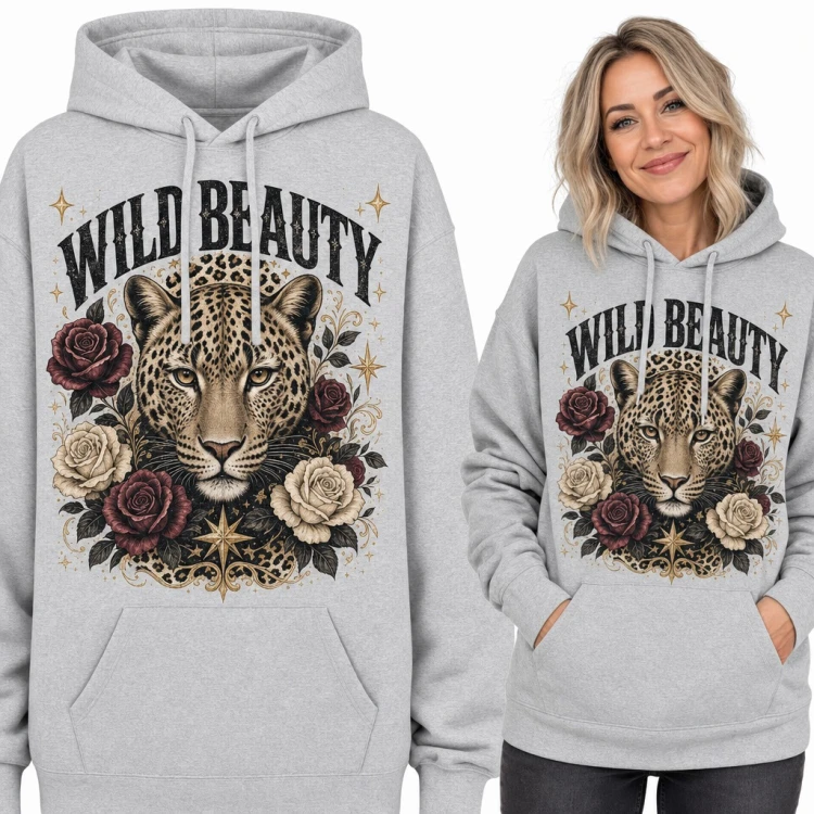 Bluza damska z kapturem - lampart wśród róż i złotych gwiazd „Wild Beauty”