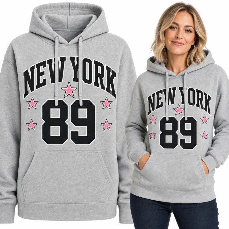 Bluza damska z kapturem - „New York 89” w stylu college z różowymi gwiazdkami