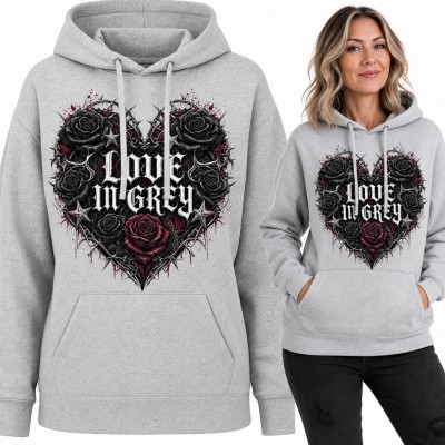 Bluza damska z kapturem - gotyckie serce z czarnych róż i drutu kolczastego „Love in Grey”