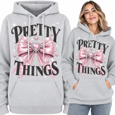 Bluza damska z kapturem - „Pretty Things” z różową kokardą i perłami