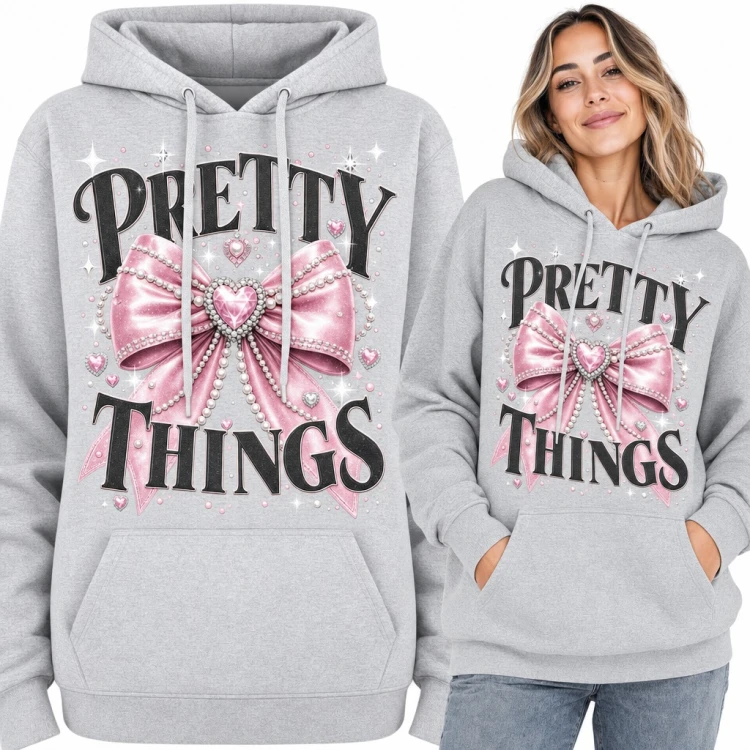 Bluza damska z kapturem - „Pretty Things” z różową kokardą i perłami