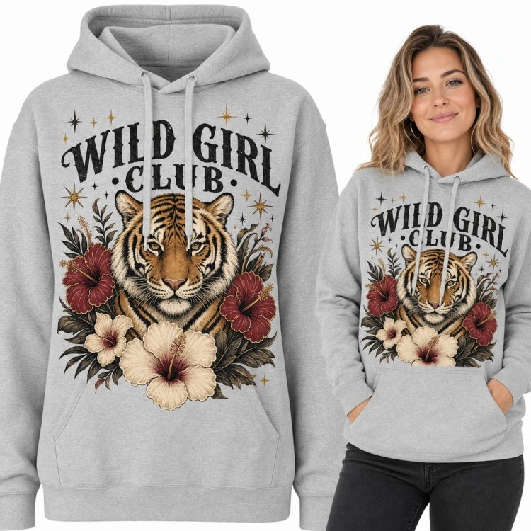 Bluza damska z kapturem „Wild Girl Club” - tygrys w kwiatach hibiskusa