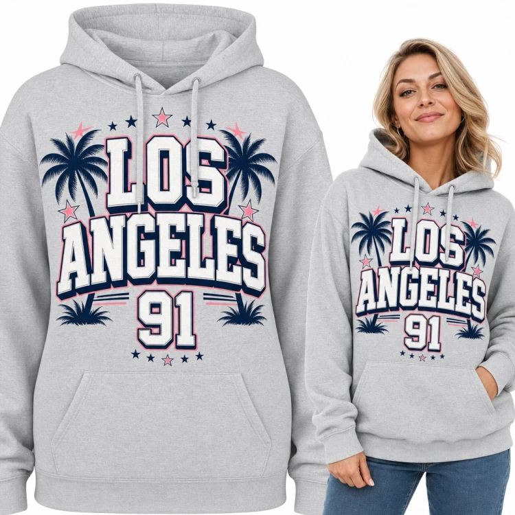 Bluza damska z kapturem „Los Angeles 91” - palmy i gwiazdki w stylu college