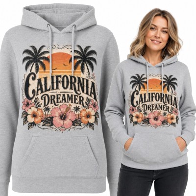 Bluza damska z kapturem „California Dreamer” - palmy, zachód słońca i hibiskusy