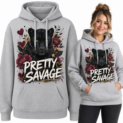 Bluza damska z kapturem - czarna pantera z piwoniami i napisem „Pretty Savage”