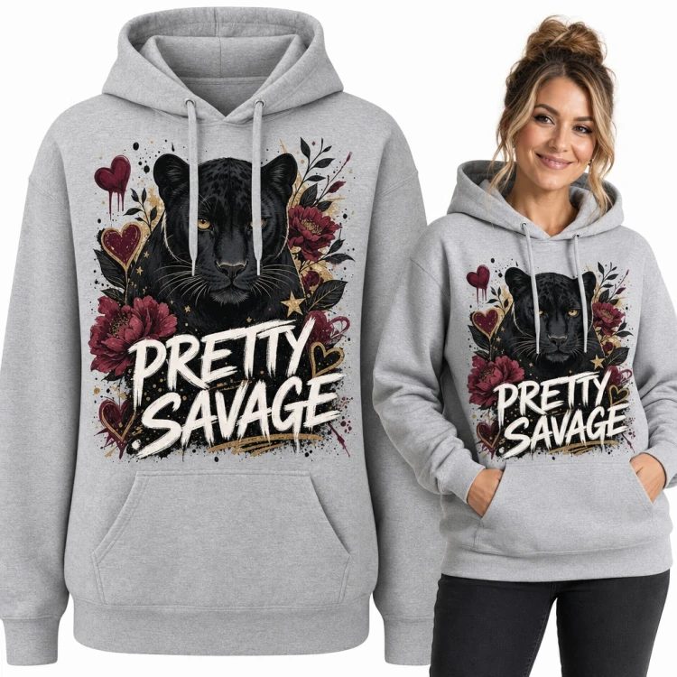 Bluza damska z kapturem - czarna pantera z piwoniami i napisem „Pretty Savage”