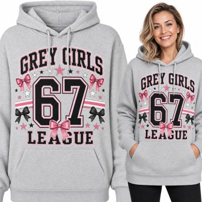 Bluza damska z kapturem „Grey Girls 67 League” - varsity z różowymi kokardkami