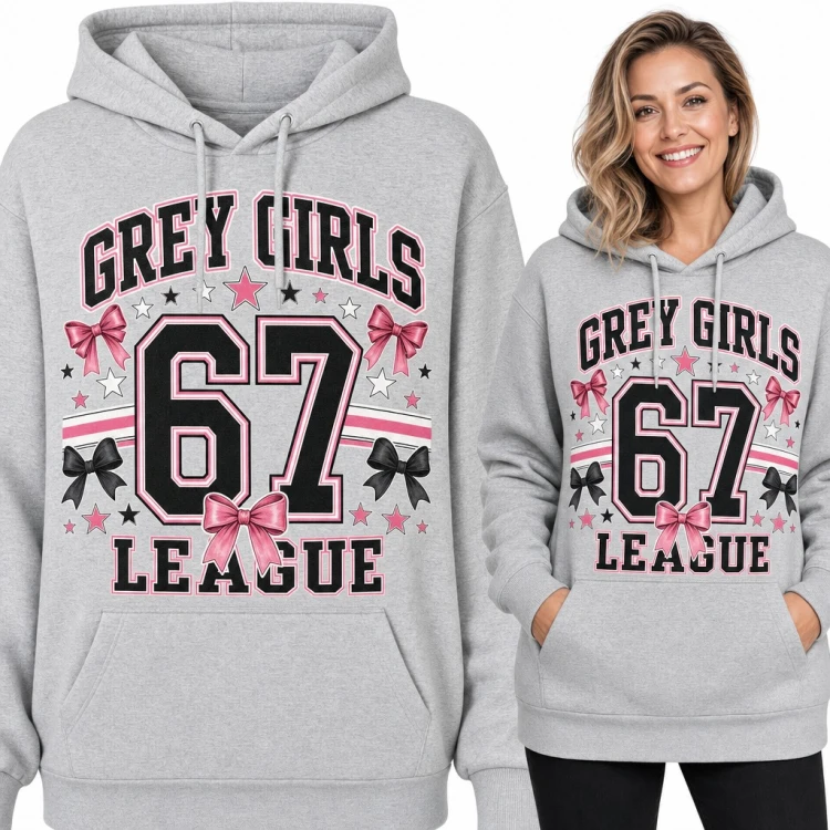 Bluza damska z kapturem „Grey Girls 67 League” - varsity z różowymi kokardkami