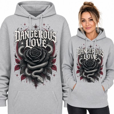 Bluza damska z kapturem - „Dangerous Love” czarna róża i wąż w stylu gotyckim