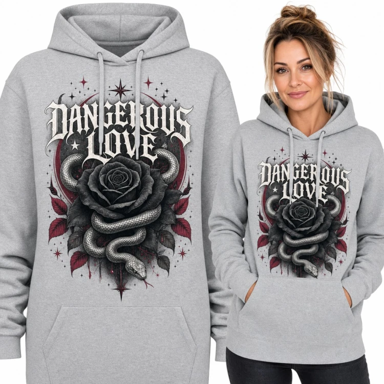Bluza damska z kapturem - „Dangerous Love” czarna róża i wąż w stylu gotyckim