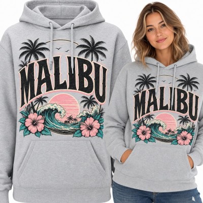 Bluza damska z kapturem „Malibu” - fala, palmy i różowe hibiskusy