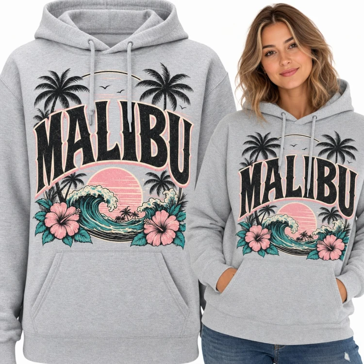 Bluza damska z kapturem „Malibu” - fala, palmy i różowe hibiskusy