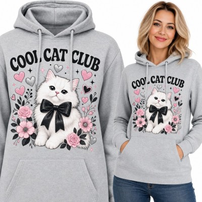Bluza damska z kapturem - biały kotek z czarną kokardą „Cool Cat Club”