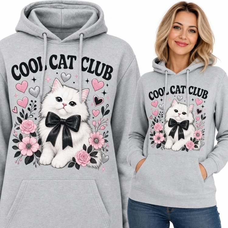 Bluza damska z kapturem - biały kotek z czarną kokardą „Cool Cat Club”
